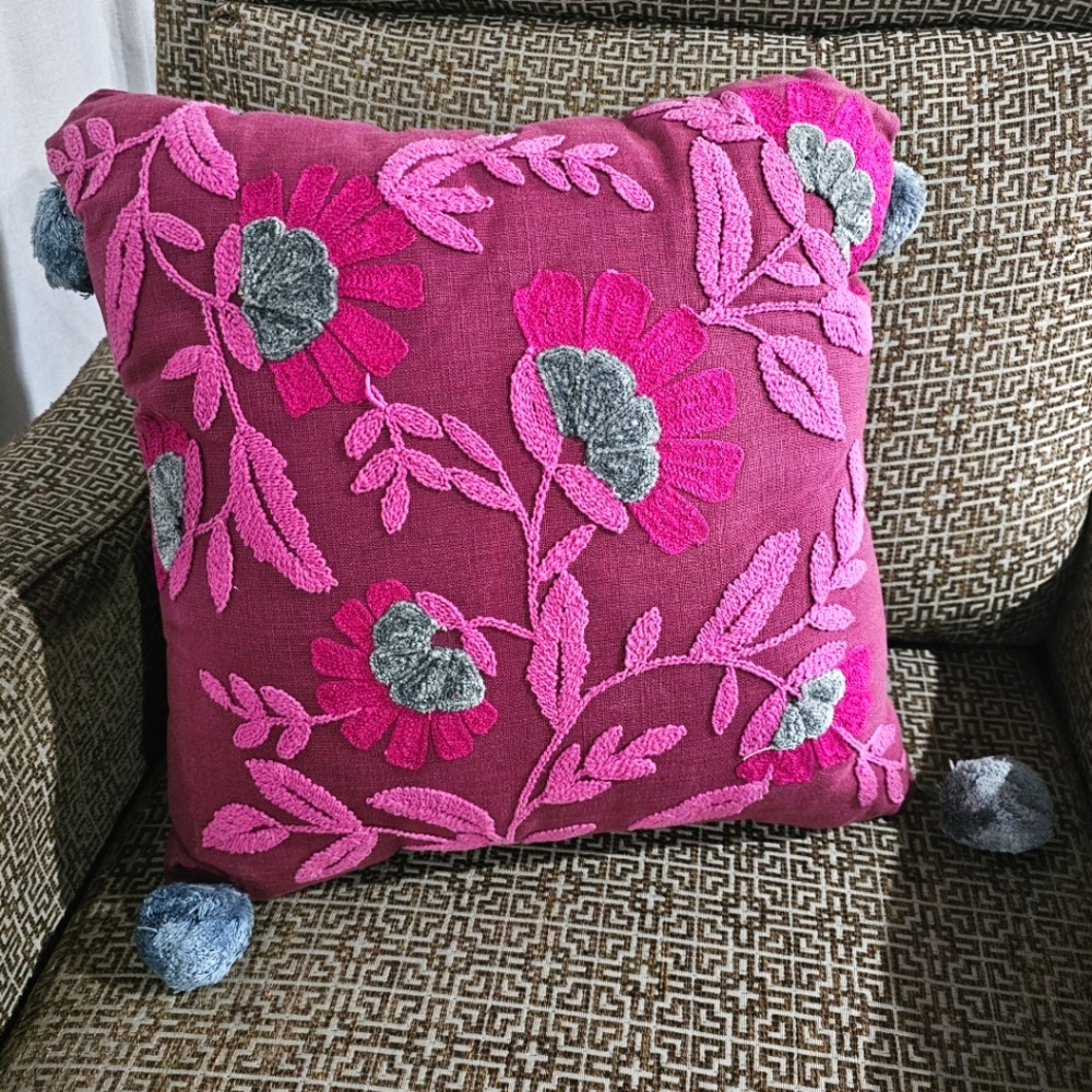 Maroon Pillow With Tassels. Floral Embroidered Gray&Maroon, Throw Pillow